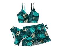 Akgukrseh Girl's 3 Piece Swimsuits Bathing Suit Beach Sport Spaghetti Strap Bikini Tops Pants Teenage Girls Swimwear Age 8 To 16 Tropical Print Twist Front Bikini Set Beachwear For 6-12 Years