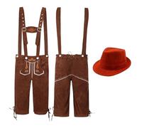 Akgukrseh Mens Lederhosen With Suspenders,Leather Trousers, Shirt, And Hat, Bavarian Oktoberfest Costume Around The World Fancy Dress Funny Outfit For Adult Men Accessories 3XL (Orange,XXL)