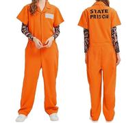 Akgukrseh Prisoners Costume Orange Prisoner For Halloween Party Print Long Sleeve Prison Jumpsuit Adults Outfit Men Xx-Large Top Matching Trousers Costumes Suit Carnivals Fancy Dress (#A02 Orange,XXL)