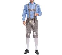 Akgukrseh Short Traditional Lederhosen Trousers,Brown With Shorts, Braces, Top & Hat, Bavarian Man Costume Funny Fancy Dress, Mens German Oktoberfest Dress Outfit Hat Black (Blue,M)