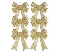 AKH® 5" x 4.5" Sparkling Christmas Glitter Tinsel Bows | Pack of 6 Xmas Bows | Tinsel Effect Christmas Bow Luxury Hanging Indoor Outdoor Christmas Tree Decoration Bows | Twist Tie On (Gold)