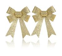 AKH® 6.5" x 6" Sparkling Christmas Glitter Tinsel Bows | Pack of 2 Xmas Bows | Tinsel Effect Christmas Bow Luxury Hanging Indoor Outdoor Christmas Tree Decoration Bows | Twist Tie On (Gold)