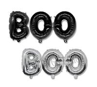 AKH® BOO Letter Text Balloon | Pack of 2 | Foil 30" (77 cm) Halloween Balloon Banner with a Plastic Inflating Tube | Halloween Balloons for Halloween party decorations (SILVER & BLACK)