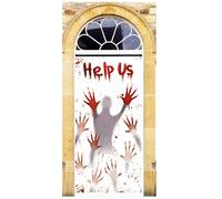 AKH® Halloween Door Cover | 201cm x 89cm | Spooky Door Decoration, Scary Door Banner & Vinyl Wrap for Entrance | Perfect Halloween Doorway Sign & Poster for Haunted House Decor (Help Us)