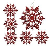 AKH® Hanging Glitter Snowflake | Pack of 06 | 10 cm Size | Hanging Metallic Thread Included| Christmas Snowflake Hanging Decorations | Christmas Tree and Garland Decorations (Red)