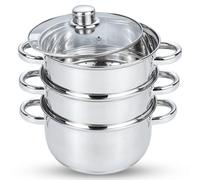 AKH HOUSEWARE 2 in 1 Stainless Steel Food Steamer Cooking Pots and Pans with Lid & Steam Vent 18cm 3 Tier Cookware Set 2.1 Litres All Hob Types Including Induction (Stainless Steel, 18CM)