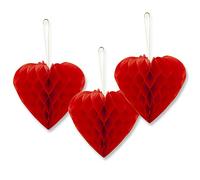 AKH® Red Honeycomb Love Heart | 23cm | Pack of 3 | Hanging Paper Valentines Decoration Kit | Valentine's Day Red Hanging Honeycomb Hearts Balls Poms for Wedding Valentine Anniversary Party Supplies