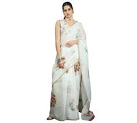 AKHILAM Women's Cotton Blend Floral Printed Saree With Unstitched Blouse (49KAVI4901_RT_Parent), White, One size