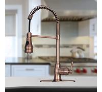 Akicon Antique Copper Pre-Rinse Spring Kitchen Faucet, Single Level Solid Brass Kitchen Sink Faucets with Pull Down Sprayer