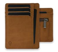 AKIELO RFID Card Holder Wallet with Zip Coin Pocket and Gift Box - Ultra Slim Leather Credit Card Holder for Men - Small Minimalist Blocking Card Wallet (Bravo - Tan Zip Edition)