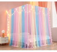 Akiky Canopy Bed Curtains with Lights 4 Corner Post Bed Canopy for Adults Girls, Rainbow Bed Drapes Netting-8 Panel Curtains,Twin