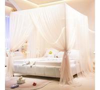 Akiky Princess Canopy Bed Curtains 4 Corners Post Mosquito Net - Cozy Drape Netting 4 Opening Bed Canopy Curtain for Girls Bed Boys Adults (Full,Beige)