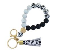 AkiliBIELY Black Silicone Beaded Keychain Wristlet for Women White Leather Cow Print Tassels Key Chain for Work Wallet Car Motorcycle Aesthetic Cute Keychains Cool Keys Chains, Black, S