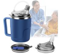 AKIMRABY Adult Sippy Cup, 14oz Stainless Steel Spill Proof Cup with Straw, 3-in-1 Design for Elderly, Disabled, or Patients - Blue