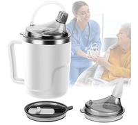 AKIMRABY Adult Sippy Cup, 14oz Stainless Steel Straw Cup with 2 Lids, No Spill Feeding Cup for Elderly, Disabled, Maternity - White