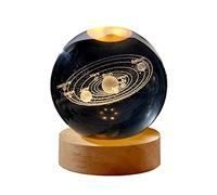 Akin Crystal Ball, Clear 3D Carved Solar System Crystal Ball with Wood Base LED Light, Exquisite Home Decor Ornaments Crystal Ball Night Light Birthday Gift for Kids Friends, 60mm