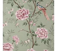 Akina Floral Sage Green Luxury Fabric Effect Wallpaper - Flowers Birds Leaves - Modern Contemporary Textured Vinyl