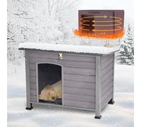 Akinerri Feral Dog House Outdoor,Anti Bite Iron Frame Dog Kennel,Wood Warm Pets Home,Insulated Weatherproof Outside Shelter for Feral Animal (33.5"(L)×22"(W)×25.2"(H)-Grey-in)