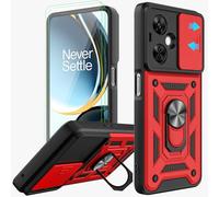 AKINIK for OnePlus Nord N30 5G / Nord CE 3 Lite 5G Case with Slide Camera Cover and 2pcs HD Screen Protector, 360° Rotation Ring Kickstand [Military Grade] Case (Red)