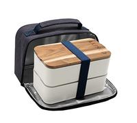 akinod Bento Lunch Box for Adults - 1.4L Leakproof Lunchbox with Stackable Compartments, Microwave Safe, Insulated Bag & Acacia Cutting Board Lid - Meal Prep Container for Work, Travel & Fitness