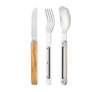 Akinod Travel Cutlery Set - 3-Piece Reusable Stainless Steel Knife Fork Spoon Set with Magnetic Handle & Case, Portable Camping Cutlery, Picnic or Lunch Break, Camping Essentials - Olive Wood