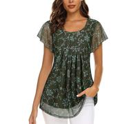 Akiooue Dressy Tops for Women Casual Elegant, Ladies Summer Floral Double Layers Crew Neck Tunic Tops for Leggings Lightweight Petite Mesh Loose Fit Shirts