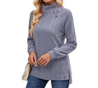 Akiooue Long Sleeve Tops Women, Turtleneck Casual Pullover Sweater Button Down Jumpers Comfy Women Going Out Top Fall Spring Warm Ribbed Christmas Wear Light Blue-S