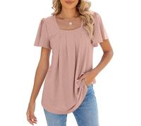 Akiooue Pink Tops for Women UK, Ladies Shirts Size 16 Square Neck Eyelet Short Sleeve Summer Fashion Going Out Wear Dressy Casual Blouses Cute Tunic Pink Large