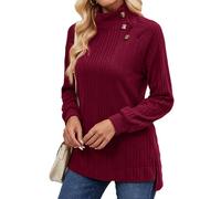Akiooue Turtle Tops for Women UK, Ladies Polo Neck Red Jumpers Size 16 Fall Winter Warm Solid Ribbed Knitted Jumper Women's Oversize Autumn Jumpers