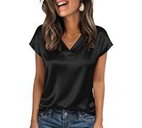 Akiooue Women's Black V Neck Satin Tops and Blouses,Casual Summer Short Sleeve Solid Party Silk Tops Size 18 for Women UK Ladies Elegant Smart Blouse