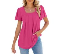 Akiooue Womens Longline Tops, Plus Women's Ruffle Sleeve T Shirts the Party Holiday Shirts Chic Hollow Out Ladies Flowy Tunic Blouses Work Office Wear Hot Pink 2X-Large