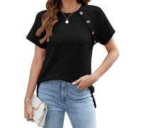 Akiooue Womens Short Sleeve Jumpers,Fall Casual Loose Solid Jumpers Crew Neck Buttons Pullover Lightweight Sweatshirts Black