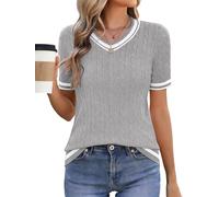 Akiooue Women's Summer Short Sleeve Grey Tops Ladies Spring Basic Stretch V Neck Jumpers Casual Cable Knit Sweater Going Out Tops for Women UK
