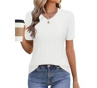 Akiooue Women's Summer Short Sleeve White Tops Ladies Spring Basic Stretch V Neck Jumpers Casual Cable Knit Sweater Going Out Tops for Women UK