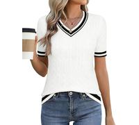 Akiooue Women's Summer Short Sleeve White Tops Ladies Spring Basic Stretch V Neck Jumpers Casual Cable Knit Sweater Going Out Tops for Women UK