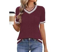 Akiooue Women's Summer V Neck Short Sleeve Red Tops Ladies Spring Basic Stretch Color Block Jumpers Casual Cable Knit Sweater Tops for Women