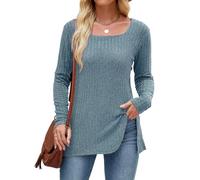 Akiooue Womens Tunic Tops, Fall Knitted Square Neck Longline Slim Fitting Jumper Wool Solid Color Button Slit Sweatshirts Going Out Tops for Women UK Blue-M