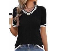 Akiooue Women's V Neck Black Tops Ladies Spring Summer Basic Stretch Short Sleeve Jumpers Size 16 Casual Cable Knit Sweater Tops for Women UK