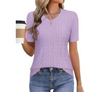 Akiooue Women's V Neck Purple Tops Ladies Spring Summer Basic Stretch Short Sleeve Jumpers Size 16 Casual Cable Knit Sweater Tops for Women UK
