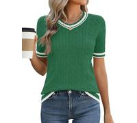 Akiooue Women's V Neck Short Sleeve Green Tops Ladies Spring Summer Basic Stretch Jumpers Size 20 Casual Cable Knit Sweater Slimming Tops for Women