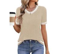 Akiooue Women's V Neck Tops Ladies Spring Summer Basic Stretch Short Sleeve Jumpers Size 16 Casual Cable Knit Sweater Tops for Women UK Apricot