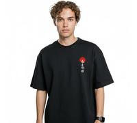 AkiraTokyo Unisex Men's Oversized Japanese Streetwear Graphic T-Shirt, Black Red Sun Kanji Text, Relaxed Fit Cotton Tee (UK, Alpha, M, Regular, Regular)