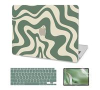 AKIT Compatible MacBook Air 13.3 Inch Case M1 2022-2018, Hard Shell Laptop Case + Screen Protector + Keyboard Cover, Green Wave Pattern, Protects During Daily Use, Allows Ventilation