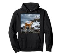 Akita Coastal Cliff Lighthouse Ocean Storm Scene Pullover Hoodie