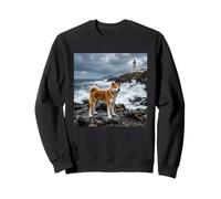 Akita Coastal Cliff Lighthouse Ocean Storm Scene Sweatshirt
