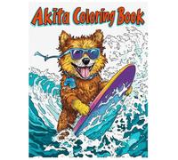 Akita Dog Coloring Book: Akita Surfing on Beach Scenes, Relaxing Stress Relief Animal Art