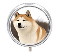 Akita Pill Cases Round Pillbox with 3 Compartments Portable Travel Pill Organizer Box Mini Metal Pill Holder and Vitamin Containers for Fish Oil & Supplements