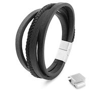 Akitsune Pathfinder Synthetic Leather Bracelet | Magnetic Clasp Stainless Steel - Braided Men Men Bracelet including beautiful jewelry box - Silver-Black - 19cm