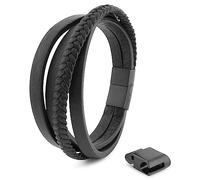 Akitsune Pathfinder Synthetic Leather Bracelet | Magnetic Clasp Stainless Steel - Braided Mens Bangle Wristband | incl. Beautiful Jewelry Gift Box - Black-Black - 23cm