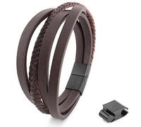 Akitsune Pathfinder Synthetic Leather Bracelet | Magnetic Clasp Stainless Steel - Braided Mens Bangle Wristband | incl. Beautiful Jewelry Gift Box - Black-Brown - 21cm